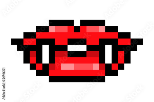 Red vampire lips with long fangs, black outline pixel art icon isolated on white background. 8 bit sexy woman half-open mouth symbol. Old school vintage retro slot machine/video game graphics.