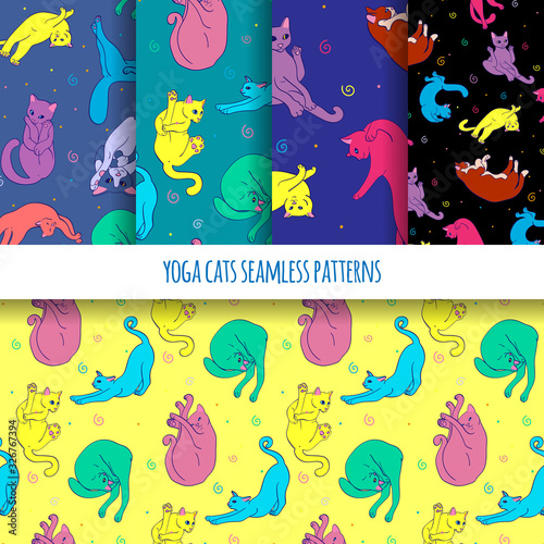 Set of funny bright seamless vector patterns with cute cats practicing yoga. Sport background.