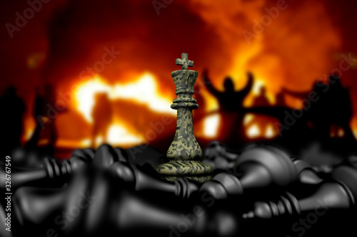 3D illustration chess piece king winner stands on fallen pieces