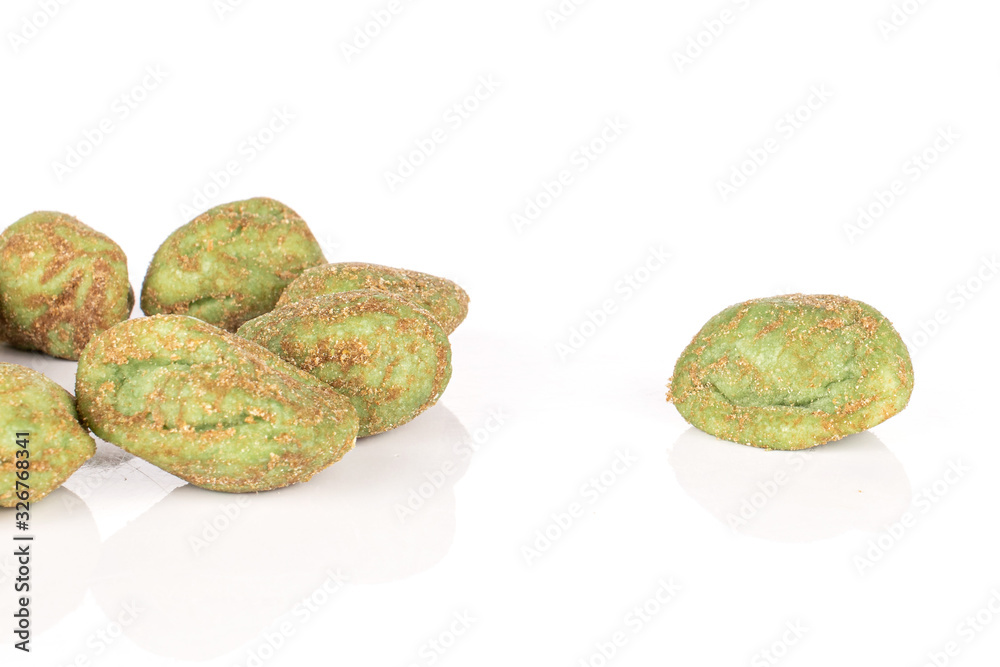 Group of six whole arranged wasabi green peanut isolated on white background Group of six whole arranged wasabi green peanut isolated on white background