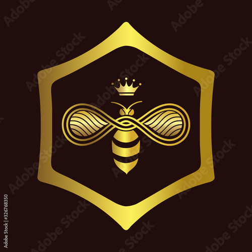 Logo design of Queen Bee with the crown on head isolated on dark burgundy background. Vector illustration.