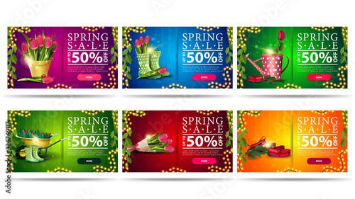 Spring sale, large set bright colorful horizontal discount banners with spring symbols, buttons and frame of garlands. Green, blue, orange, red and pink spring sales templates isolated on white 