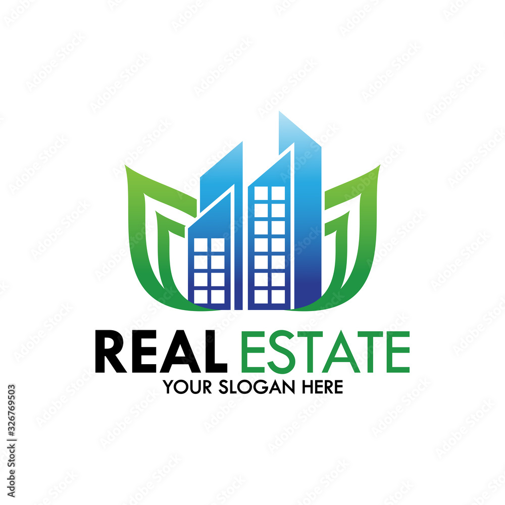Natural Real Estate logo design. with modern abstract commercial building shape and green leaf template vector illustration.