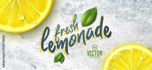 Vector realistic lemon illustration and leaves on white stone background