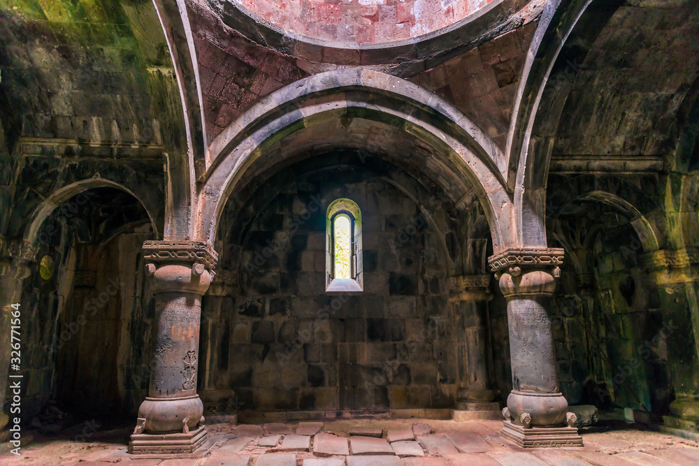 The interior of the monastery Sanahin In Armenia, the arches and arches of the structure