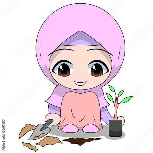 cute Muslim children - planting. fun daily activities. Vector - Cartoon character of a happy woman. illustration