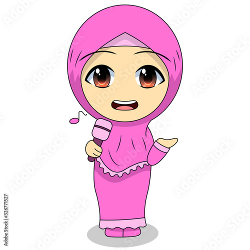 cute Muslim children - singing. fun daily activities. Vector - Cartoon character of a happy woman. illustration