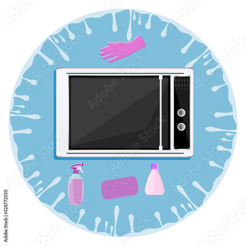 Microwave oven - rubber glove, vials for disinfection - abstract icon - isolated - vector. Household. Sanitation. Destruction of a bacterium virus.