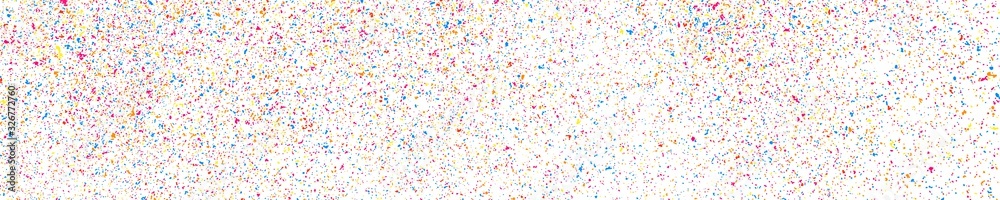 Abstract Explosion of Confetti. Colorful Grainy Texture Isolated on White Panoramic Background. Colored Stains and Blots. Wide Horizontal Long Banner For Site. Illustration, EPS 10.  