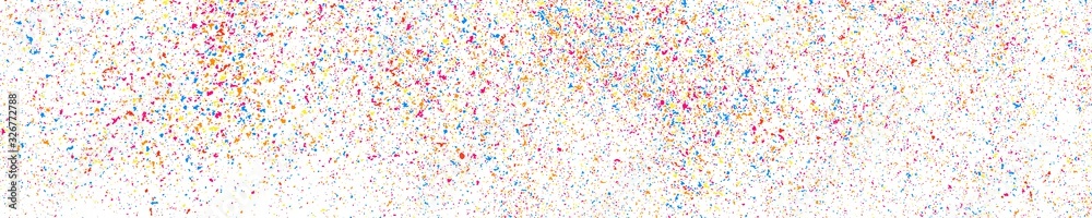 Abstract Explosion of Confetti. Colorful Grainy Texture Isolated on White Panoramic Background. Colored Stains and Blots. Wide Horizontal Long Banner For Site. Illustration, EPS 10.  