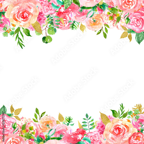 Watercolor spring floral border with blush pink flowers, green and golden lea...