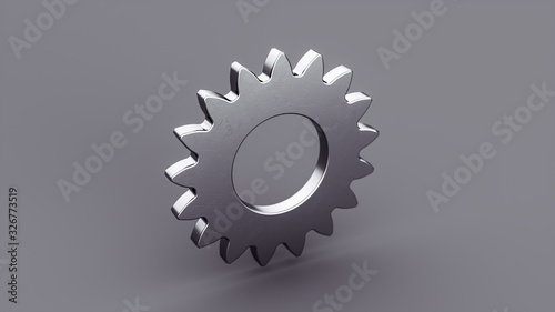 Metallic gear symbol on a gray background. 3D gear mechanism. 3D Rendering.