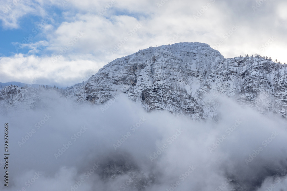 Detail of mountain face with rocks, snow and trees, in Styria region, Austria Detail of mountain face with rocks, snow and trees, in Styria region, Austria