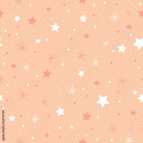 Seamless gentle retro pattern. White and pink stars and dots on a pink background.