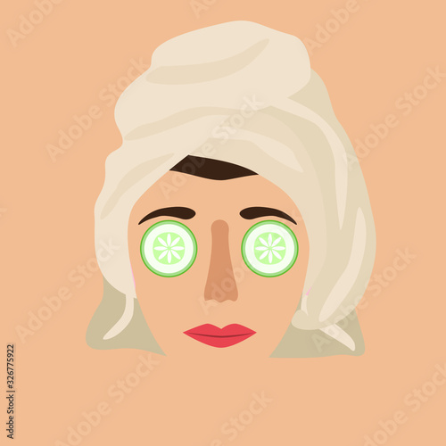 A young girl in a turban from a towel makes cucumber masks on her eyes, drawing in flat style, concept cosmetology. Vector illustration, template design for posters, flyers, cards or vouchers.