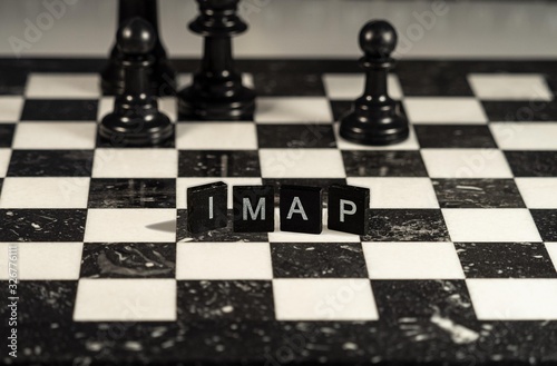 imap the word or concept represented by black and white letter tiles on a marble chessboard with chess pieces photo
