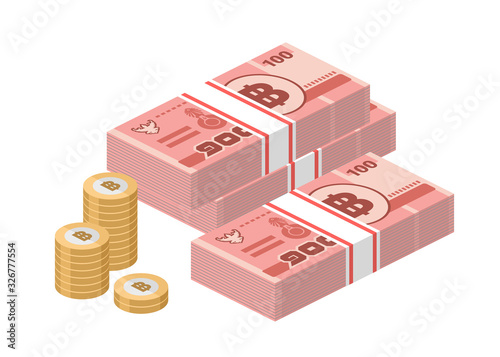 Isometric stacks of 100 Thai baht banknotes and coins. One hundred bills of Thailand money. THB currency notes. Flat style. Vector illustration.