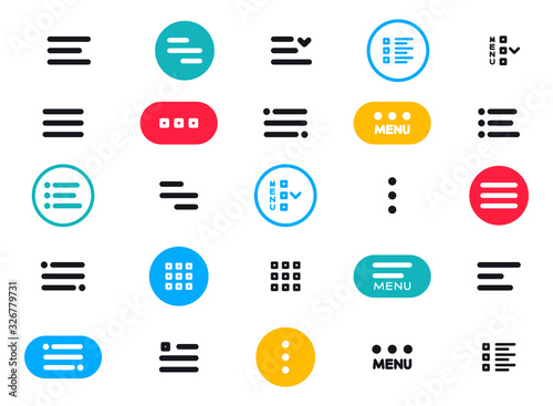 Menu UI Design Elements icons. Set of hamburger Menu buttons. Website Navigation Icons for Mobile App and User Interface. Modern colored Navigation buttons or Web menu and ui icons set