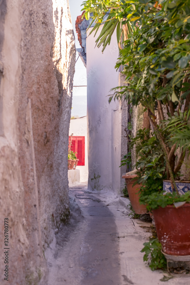 Architectural details from the narrow streets of Plaka, a traditional neighborhood in Athens, on the slopes of Acropolis, Greece