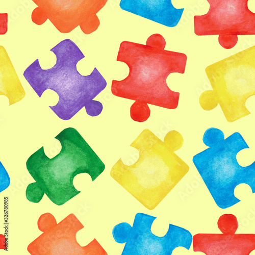 Seamless pattern with colorful jigsaw puzzles on yellow background. Watercolor hand drawn illustration