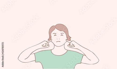 Vector illustration of a young man closed his finger ear, does not want to hear anything,cartoon design.