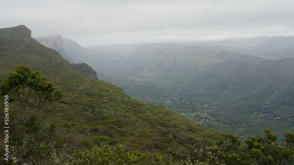 Landscape with fog in a valley of the Chapada Diamantina national park in Bahia, Brazil.