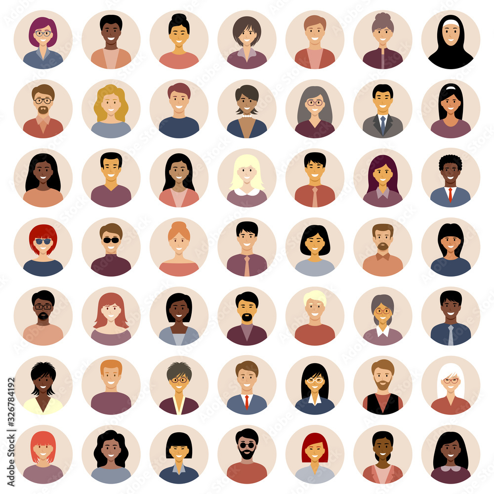 Set of round flat icons with people. Different nationalities.