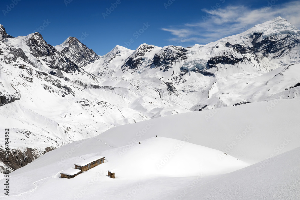 Annapurna Circuit trek. Tea house on the slope of Thoron-La pass.