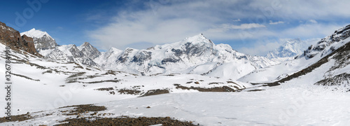 High altitude Himalayan landscape (Annapurna Circuit trek). View from Thorong-La pass. Nepal, Himalayas, Asia. © Kirill