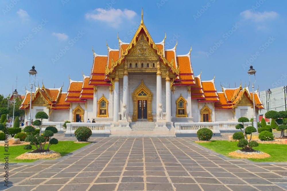Temple of Wat Benchamabophit, located in Bangkok, Thailand, also known as the Marble Temple. Front view.