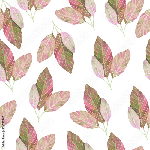 Seamless watercolor pattern of fruit leaves on a white background. Watercolor simple drawing.