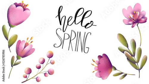 Digital illustration rectangular 4k poster postcard with handwritten hello spring lettering and frame of pink tulip flowers and green branches. Video for banner, web design and posts, advertising.