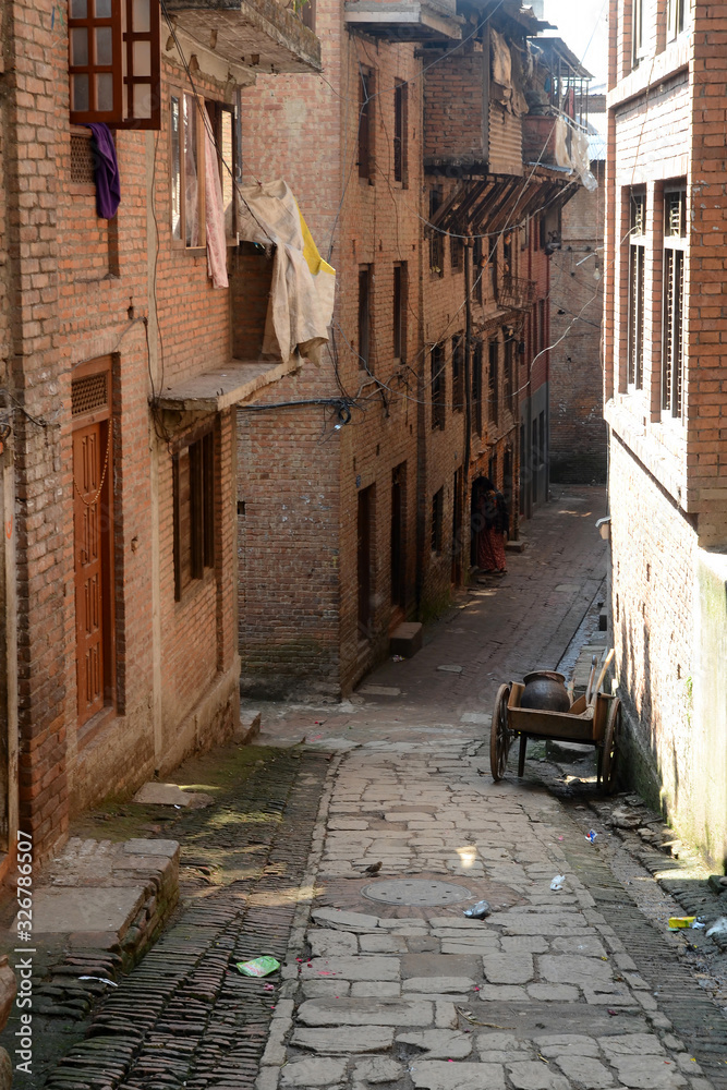 Attractions of Nepal. Empty street of old town. Bhaktapur, Nepal.