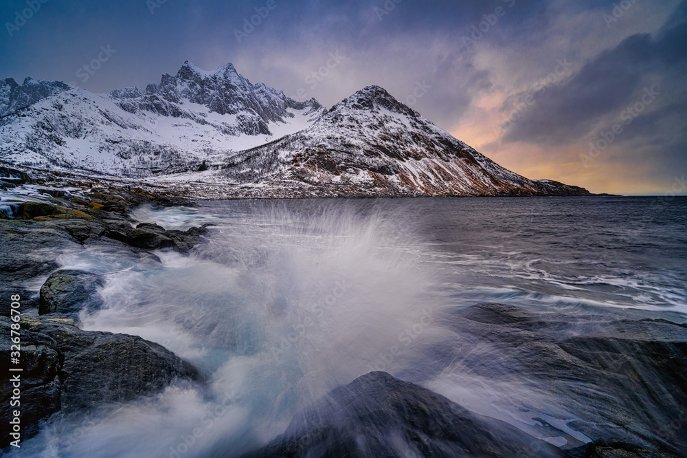 Gulf, bay with a huge surf in Mefjord in sunset