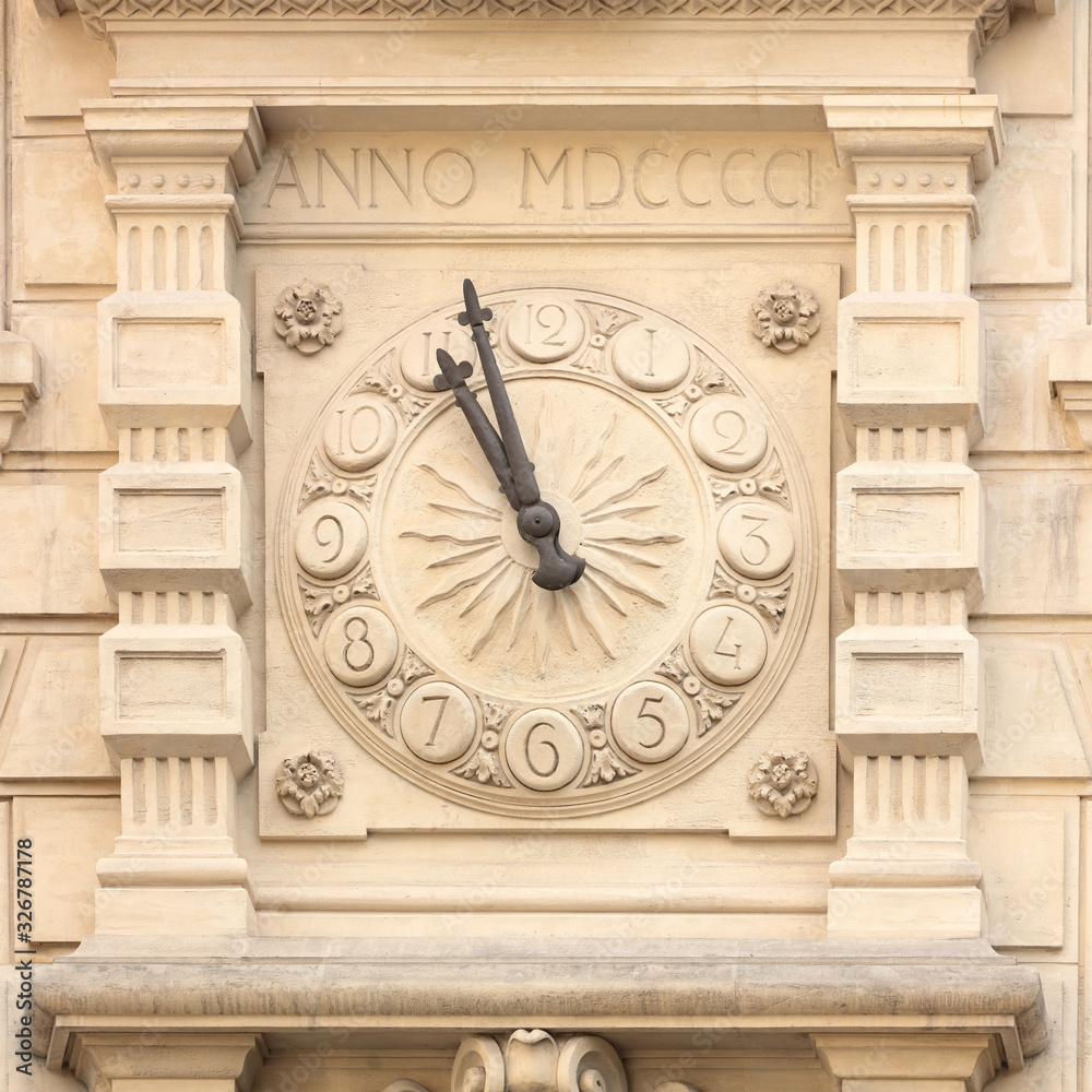 Clock at the facade of the Building of the Paris Fireworkers (Caserne de sapeurs pompiers de la ville de Paris)