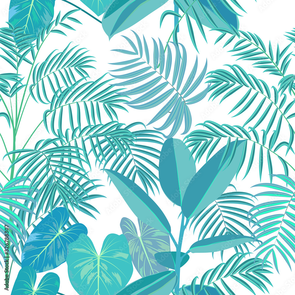 Vector tropical jungle seamless pattern with palm trees leaves and flowers