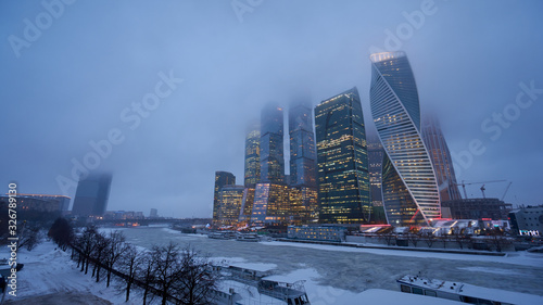 Moscow City in the winter fog. It is the Moscow International Business Center and a commercial district in Russia. 