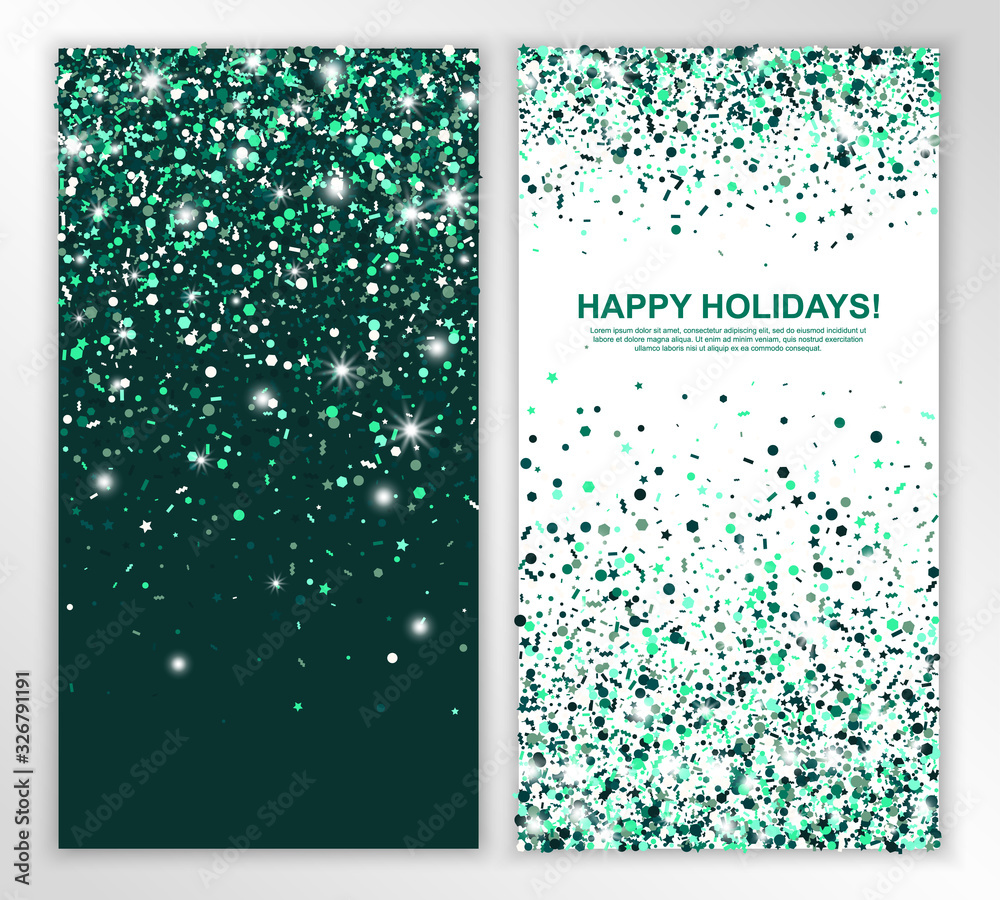 Happy holidays vertical leaflets with shimmer emerald confetti. Vector illustration. Glowing Invitation Template. All isolated and layered - obrazy, fototapety, plakaty 