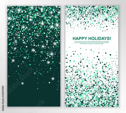 Happy holidays vertical leaflets with shimmer emerald confetti. Vector illustration. Glowing Invitation Template. All isolated and layered