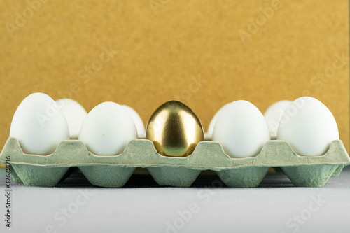 One on anly unique golden egg among plain, simple white eggs in paper tray. Concept of leadership, talent, being gifted and extremely talented.