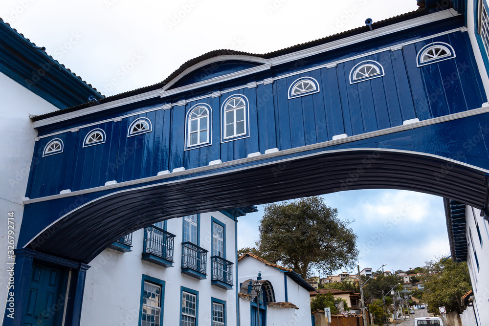 Imperial footbridge between two colonial houses in the historic city of Diamantina, Minas Gerais state, Brazil