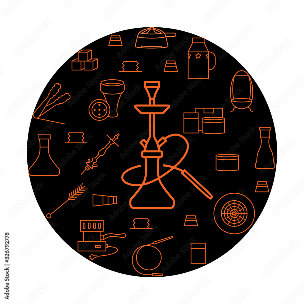 Hookah circle banner with flat line icon. Shisha vector symbol. Concept