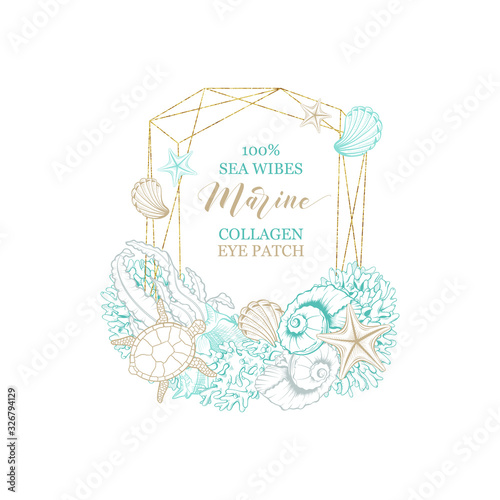 Marine and sea water collagen cosmetics, eye patch package vector luxury golden design. Art line hand drawn ocean seashells, algae and coral with starfish in gold geometric frame wreath