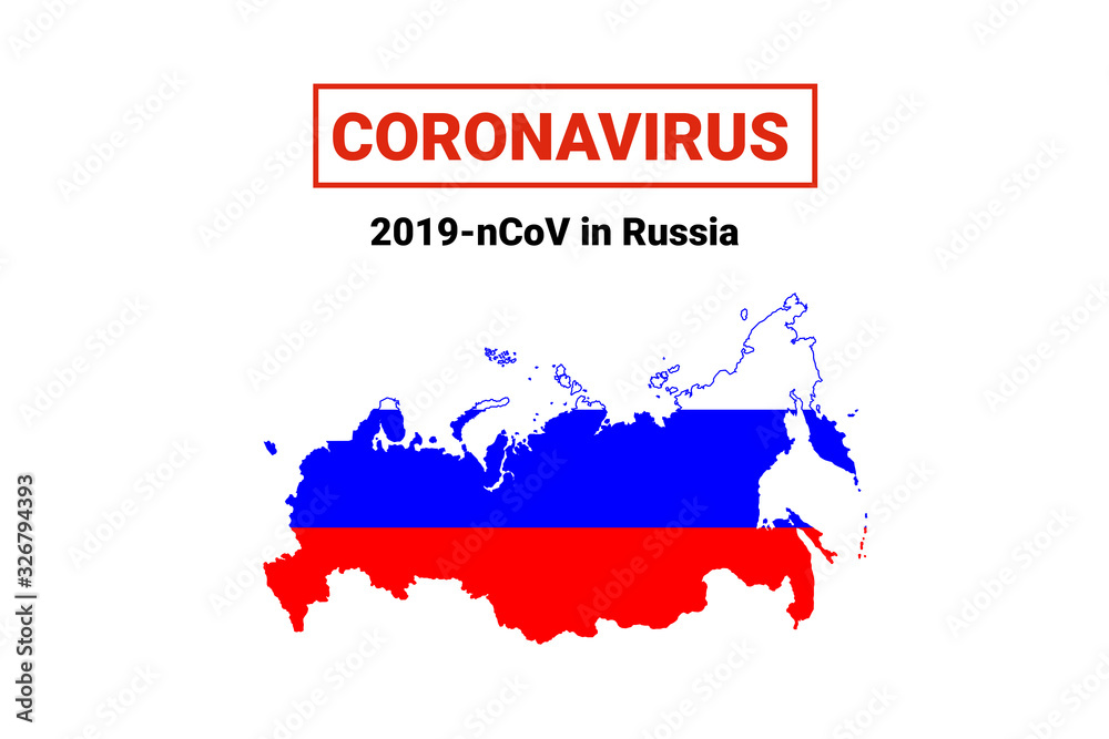 Coronavirus in Russia. Map with flag and warning on white background. Epidemic alert. Covid-19, 2019-nCoV. Coronavirus in Russia. Map with flag and warning on white background. Epidemic alert. Covid-19, 2019-nCoV.