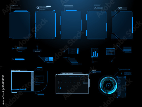 Futuristic Vector HUD Interface Screen Design. Digital callouts titles. HUD UI GUI futuristic user interface screen elements set. High tech screen for video game. Sci-fi concept design.