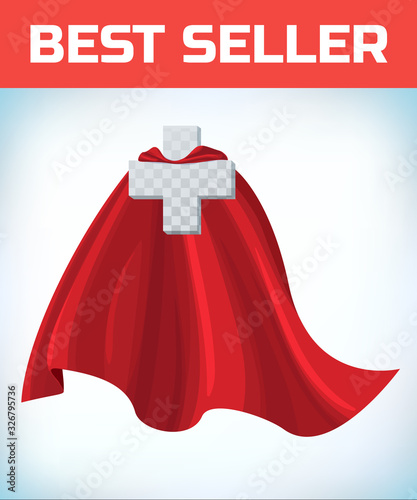 Equilateral cross in hero cape. Doctor super cloak. Pharmacy sign. Health icon. Medicine concept. Health sign. Superhero symbol. Cross care. Healthy idea. Help emblem. Insurance logo. Vector