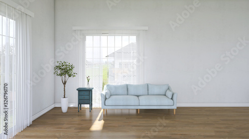 White minimalist living room interior with sofa on a wooden floor, a landscape in window. Scandinavian interior design. 3D illustration