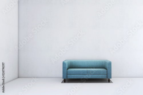 White empty room with blue modern sofa. Minimalist interior design. 3D illustration