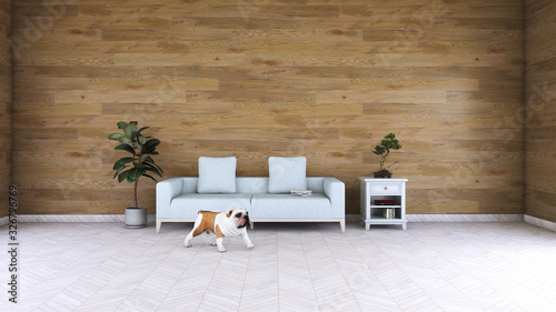 White living room interior with sofa and cute dog on the wooden floor. Home nordic interior. 3D illustration