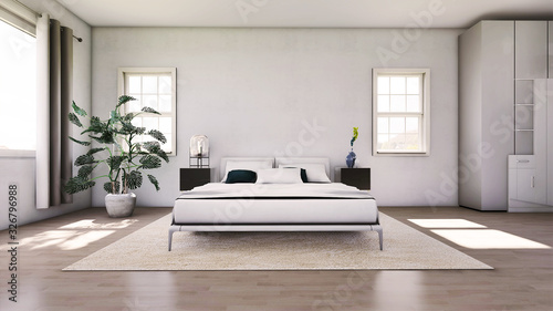 Modern bed room in white color with plant on wooden floor. Scandinavian interior design. 3D illustration